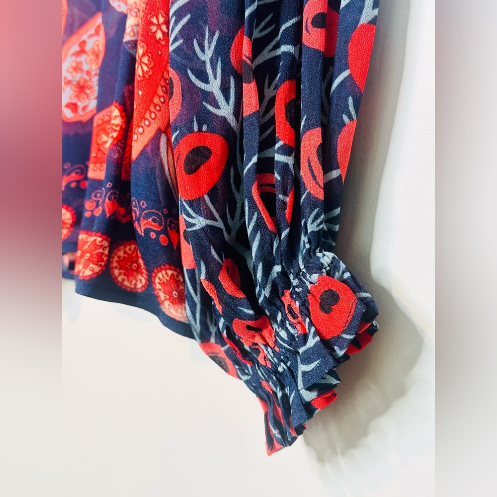 Anthro BLNK Miranda Peasant Red Blue Print Blouse Shirt Top - Picture 9 of 15